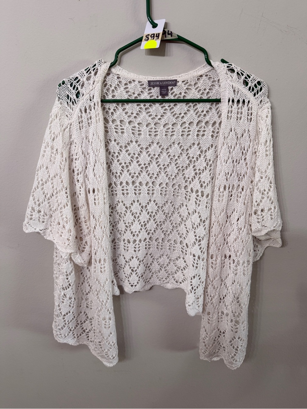 Jessica London Openwork Crochet Knit Short Sleeve Cardigan - Cream Size 26/28
